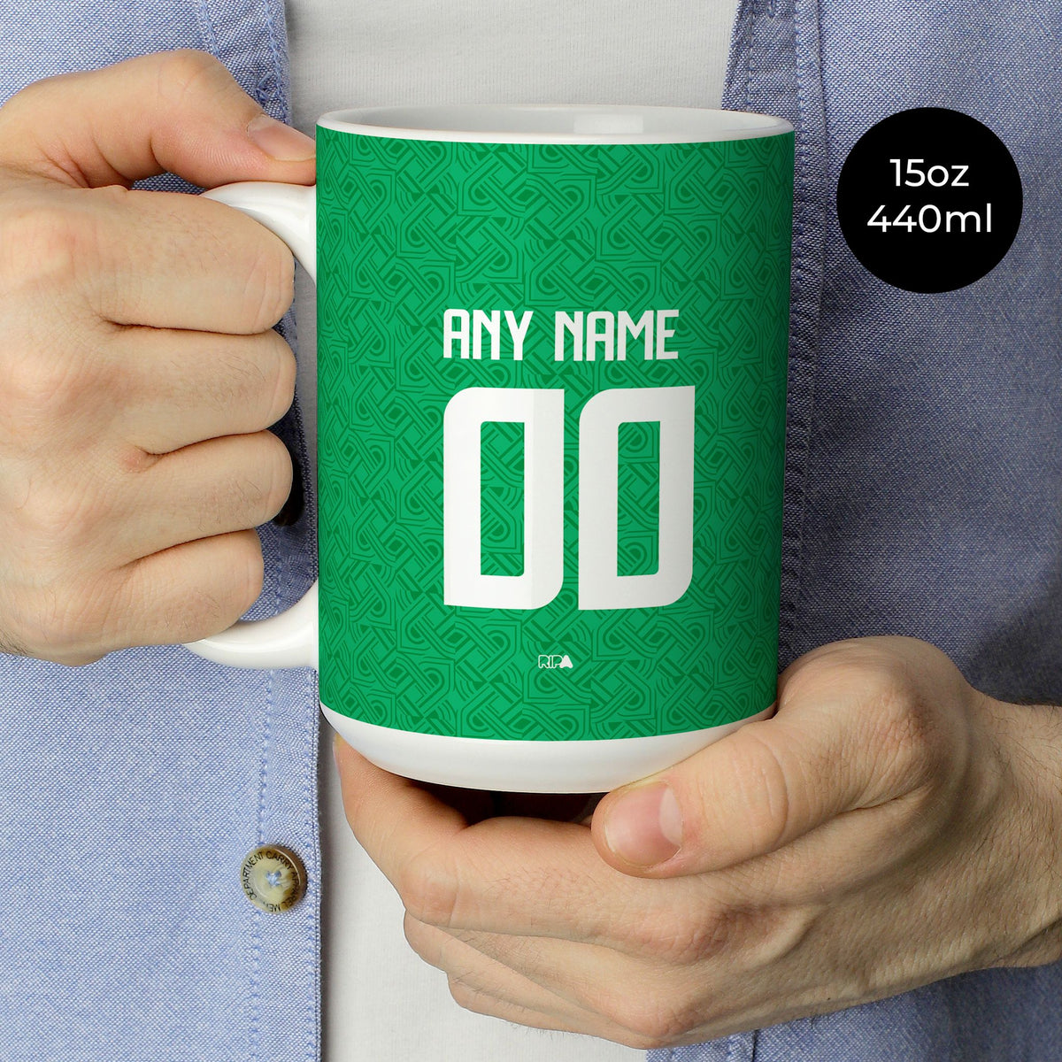 Mug with the Ireland 2024 Home football shirt design by RIPA Football