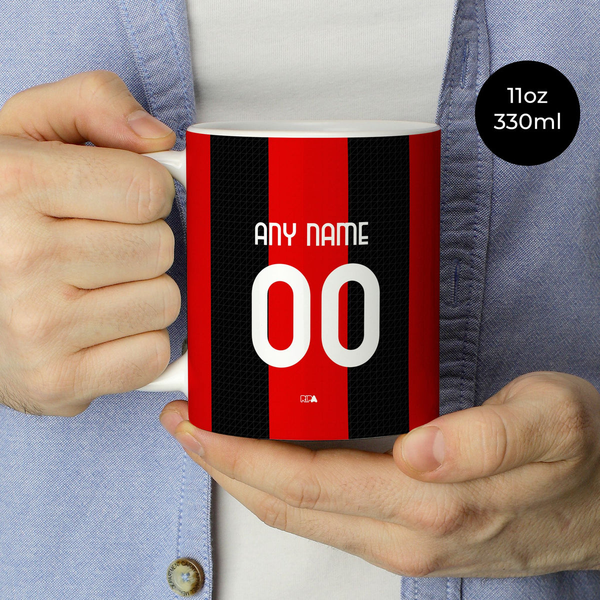 Mug with the AC Milan 2026-27 Home football shirt design by RIPA Football