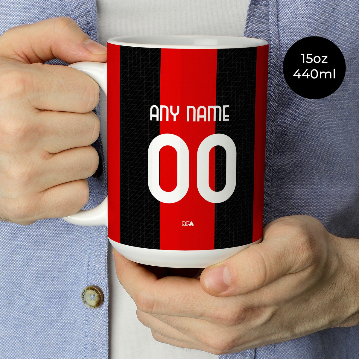Mug with the AC Milan 2026-27 Home football shirt design by RIPA Football