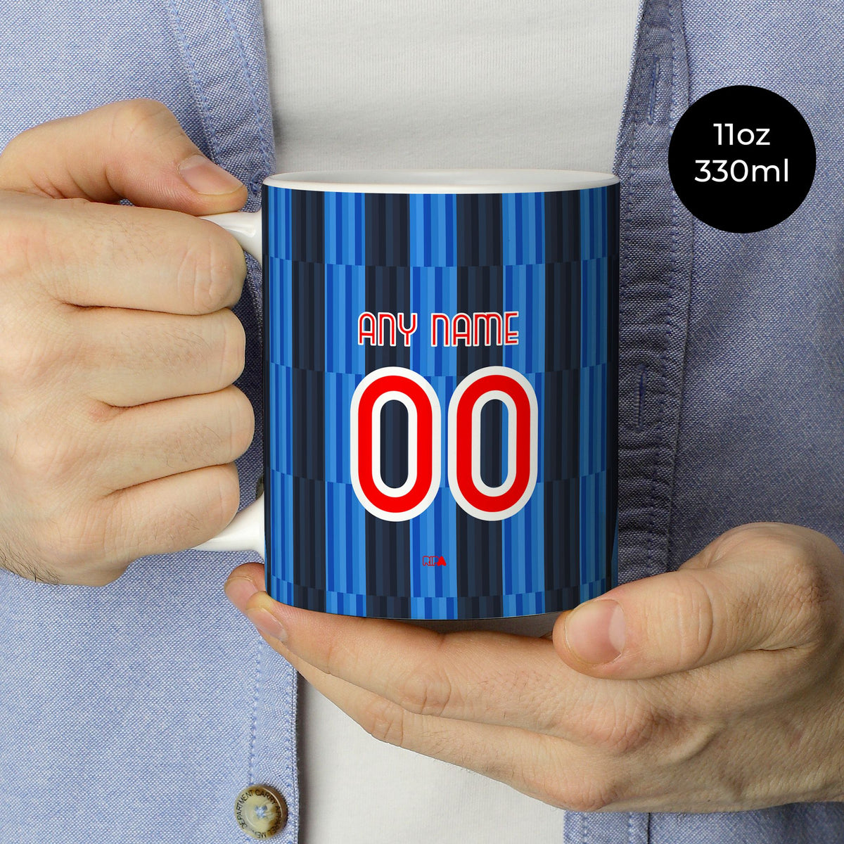 Mug with the Atalanta 2026-27 Home football shirt design by RIPA Football
