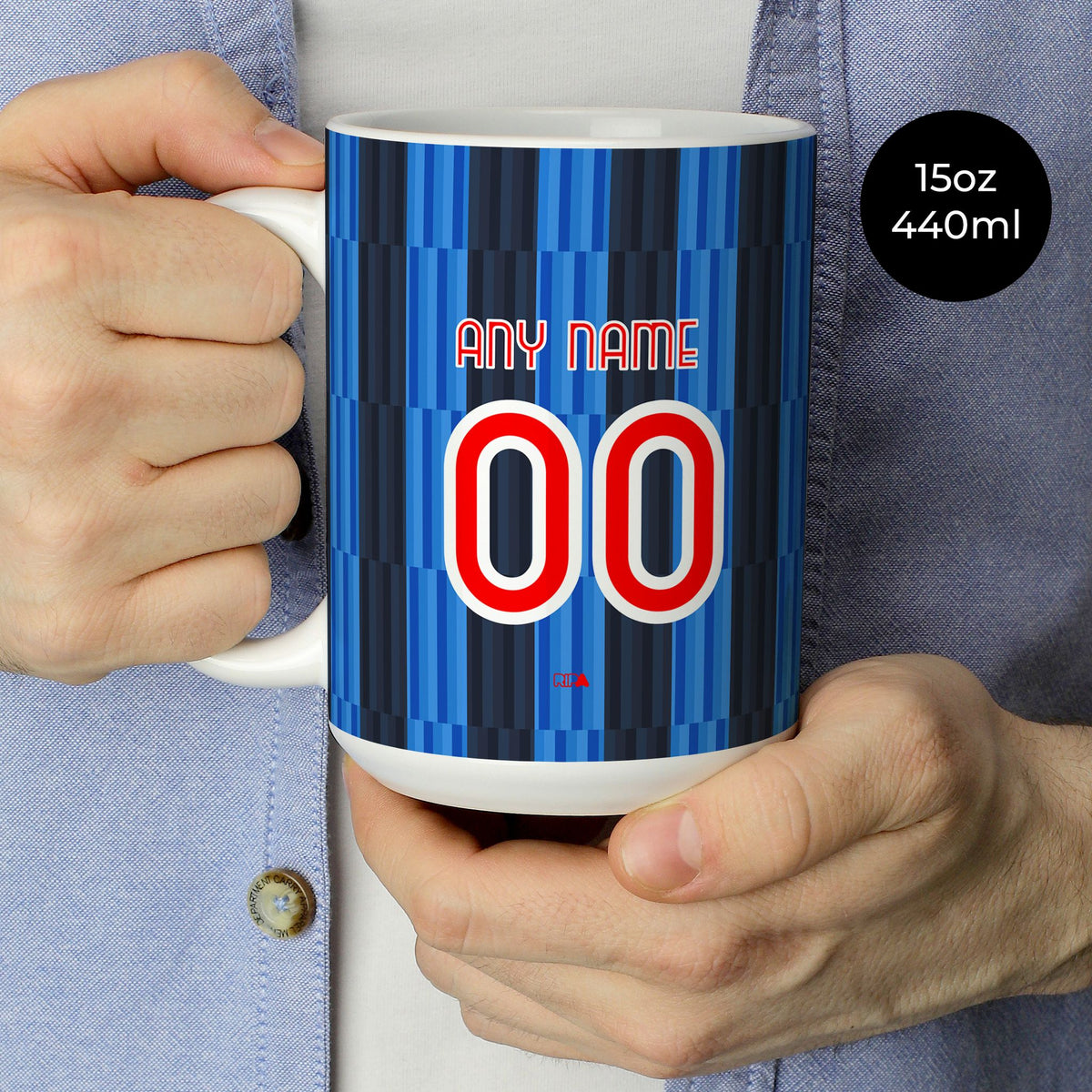 Mug with the Atalanta 2026-27 Home football shirt design by RIPA Football