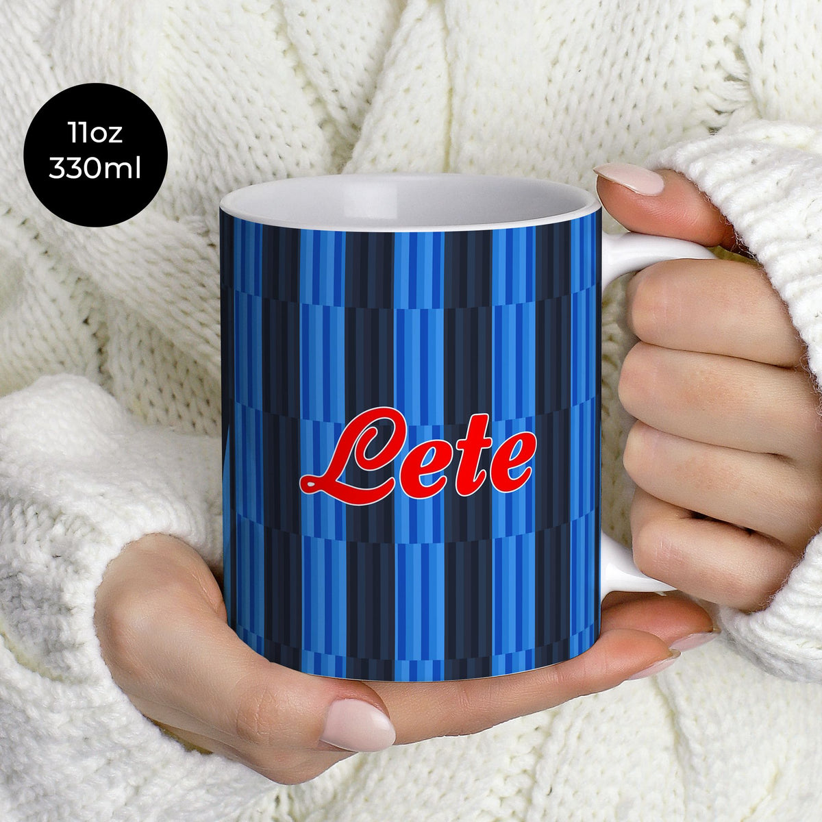 Mug with the Atalanta 2026-27 Home football shirt design by RIPA Football