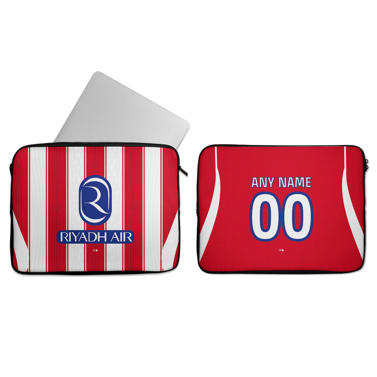 Laptop sleeve with the Atlético Madrid 2026-27 Home football shirt design by RIPA Football