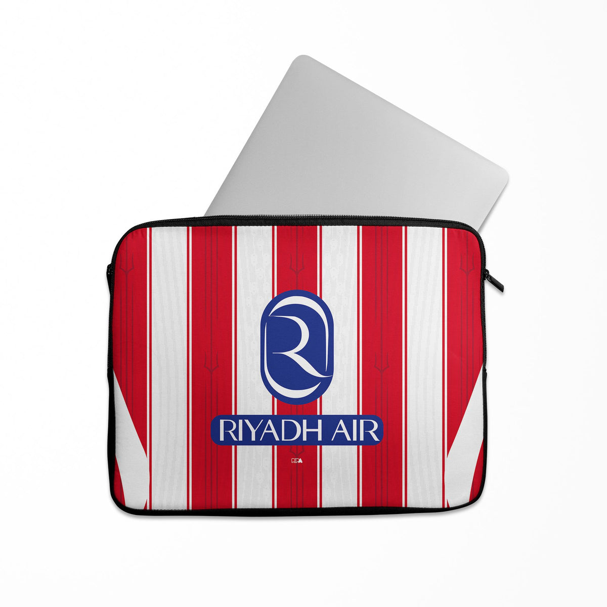Laptop sleeve with the Atlético Madrid 2026-27 Home football shirt design by RIPA Football