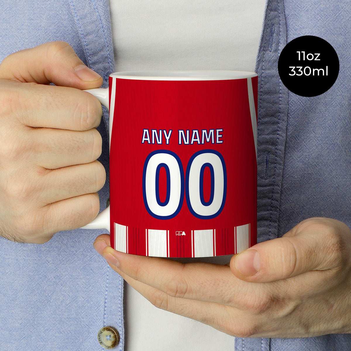 Mug with the Atlético Madrid 2026-27 Home football shirt design by RIPA Football