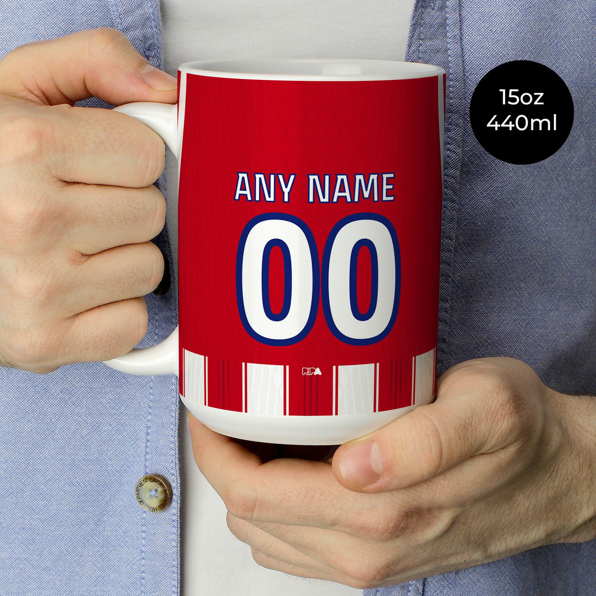 Mug with the Atlético Madrid 2026-27 Home football shirt design by RIPA Football