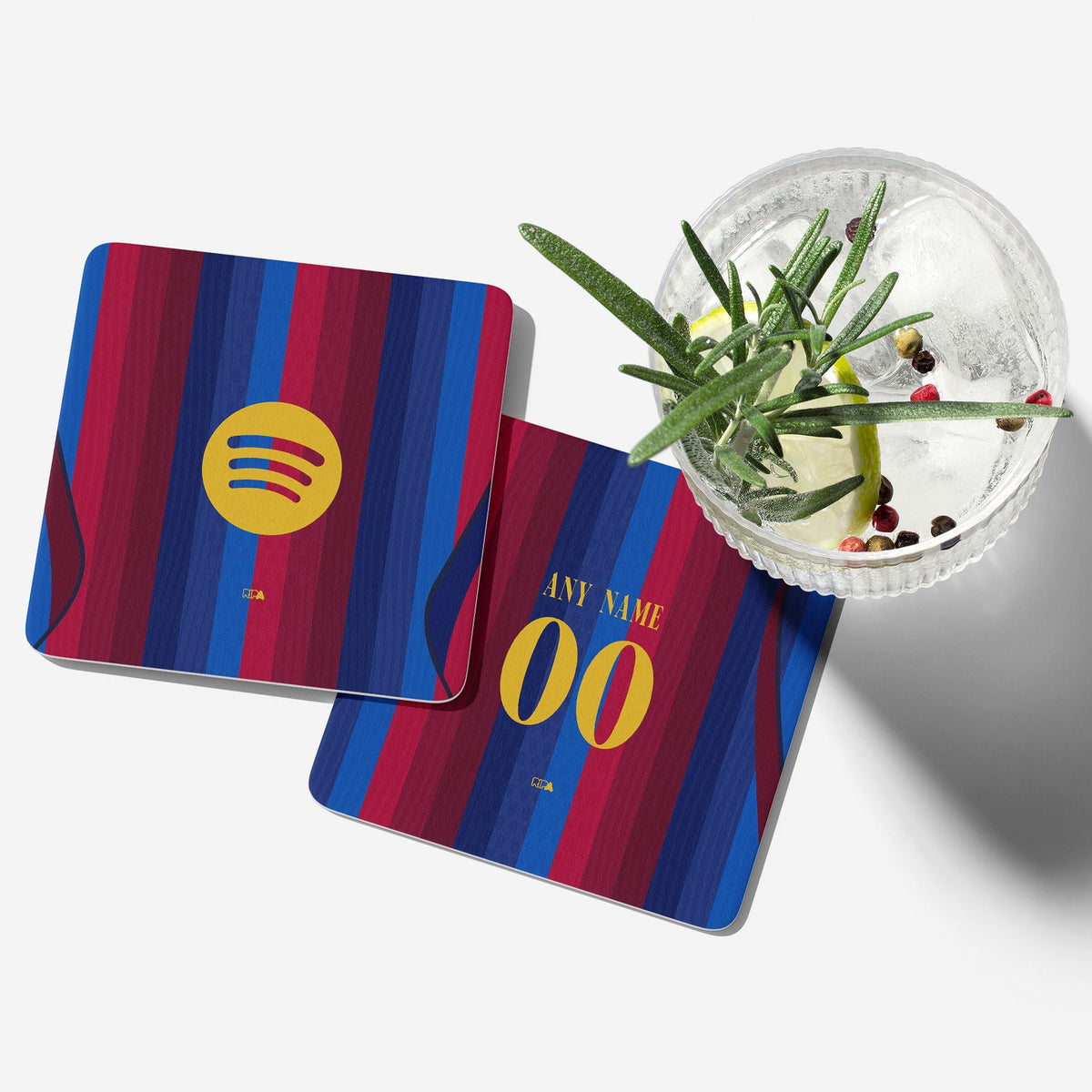Coaster with the Barcelona 2026-27 Home football shirt design by RIPA Football