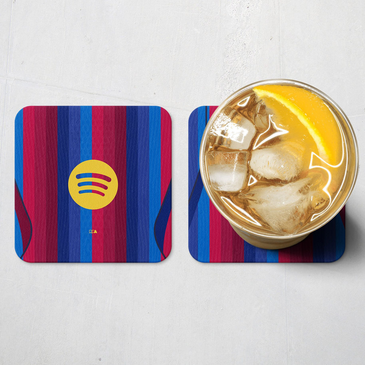 Coaster with the Barcelona 2026-27 Home football shirt design by RIPA Football