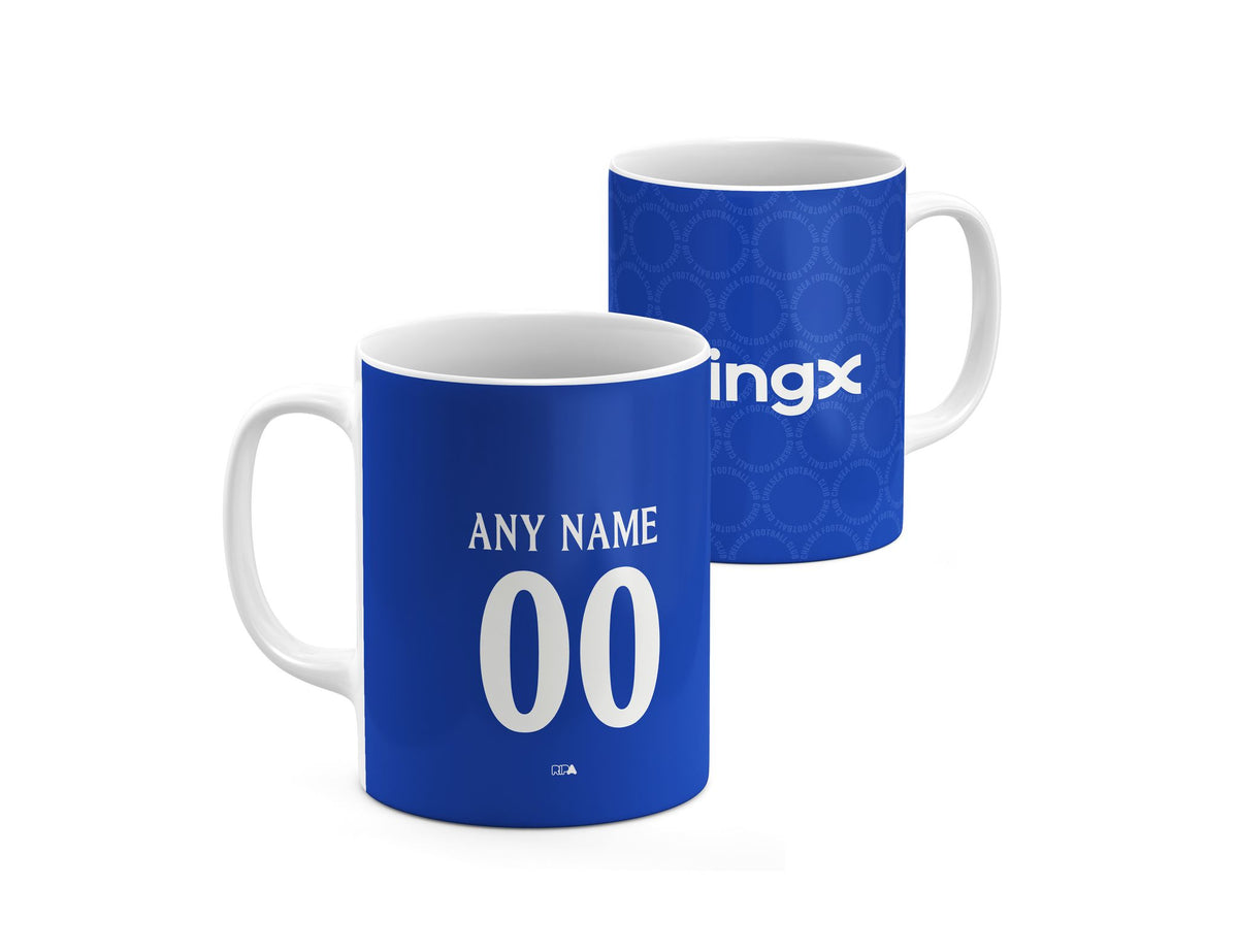 Mug with the Chelsea 2026-27 Prematch football shirt design by RIPA Football